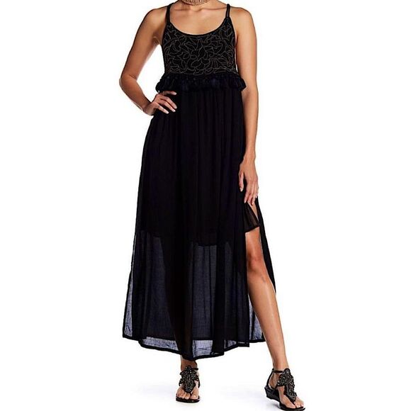 Raga Dominca Black Tassel Maxi Gauze Boho Dress With Gold Beaded Bodice Sz S - Picture 2 of 12